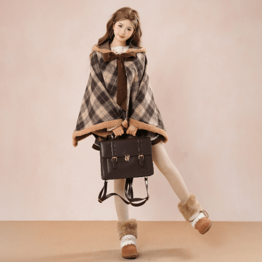 Plaid Dress and Hooded Cape and Lace-Trimmed Top Three Pieces Set - image 5