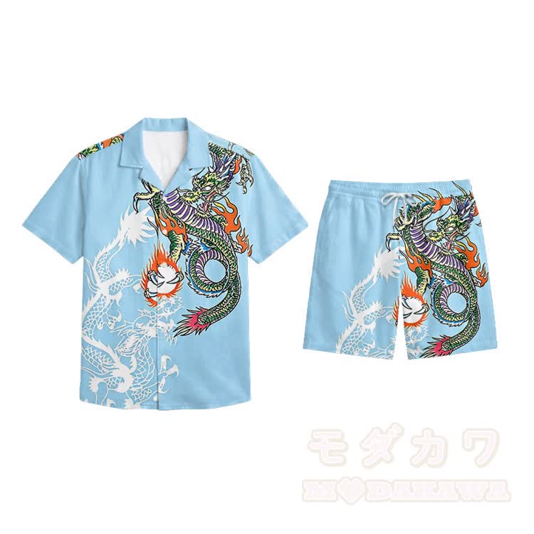 Printed Modakawa Shirt & Shorts Vacation Set - Blue B - 5XL - image 6