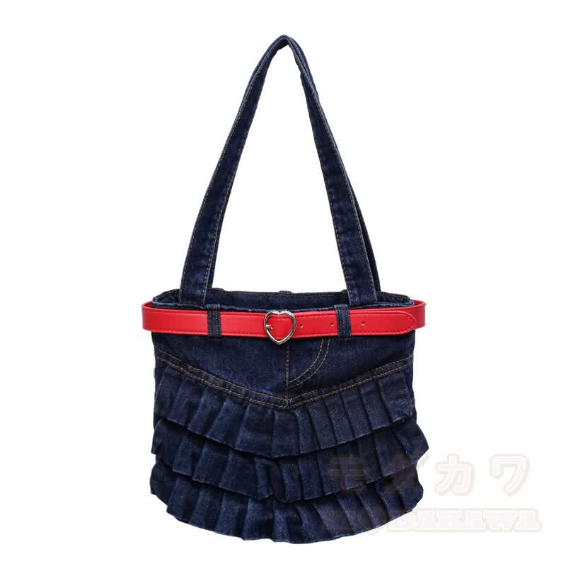 Vintage Washed Denim Ruffle Bag With Red Heart‑Buckle Strap - Dark Blue - One Size - image 6