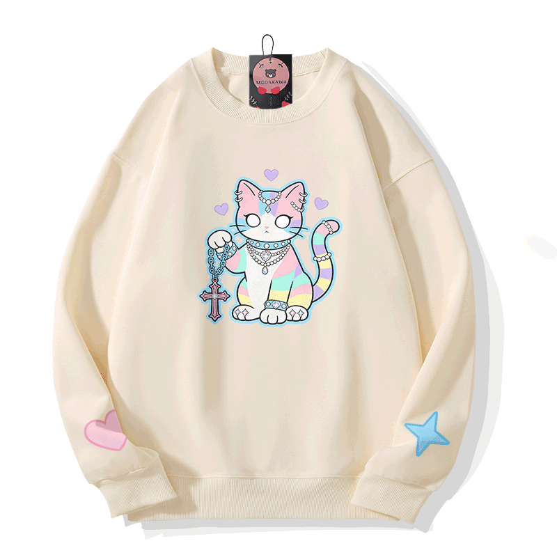 Astrology Cat Graphic Modakawa Sweatshirt - Beige - 5XL - image 2