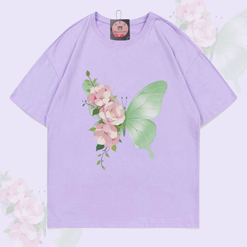 MODAKAWA Flower Butterfly Graphic T-shirt - Purple - 5XL - image 2