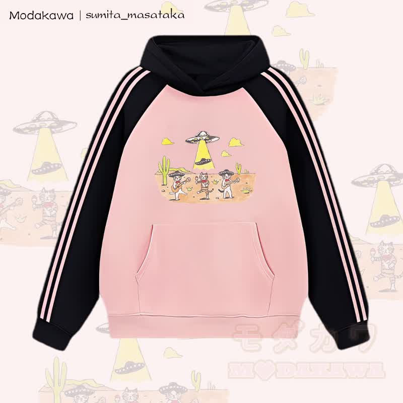 MODAKAWA X sumita_masataka Cat Band And The UFO Graphic Color Block Fleece Lined Hoodie - Pink - 2XL - image 4