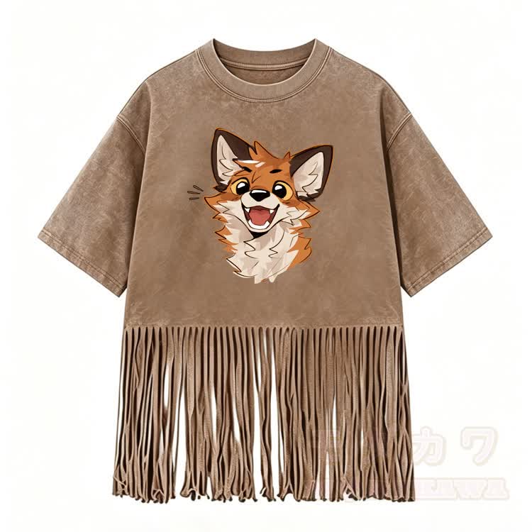 MODAKAWA X atka Fox Graphic Washed T-Shirt & Studded Denim Shorts - Brown T-Shirt - 5XL - image 8
