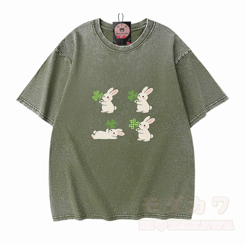 St. Patrick's Day Bunny Graphic Modakawa Vintage Washed 100% Cotton T-shirt - Green - 5XL - image 8