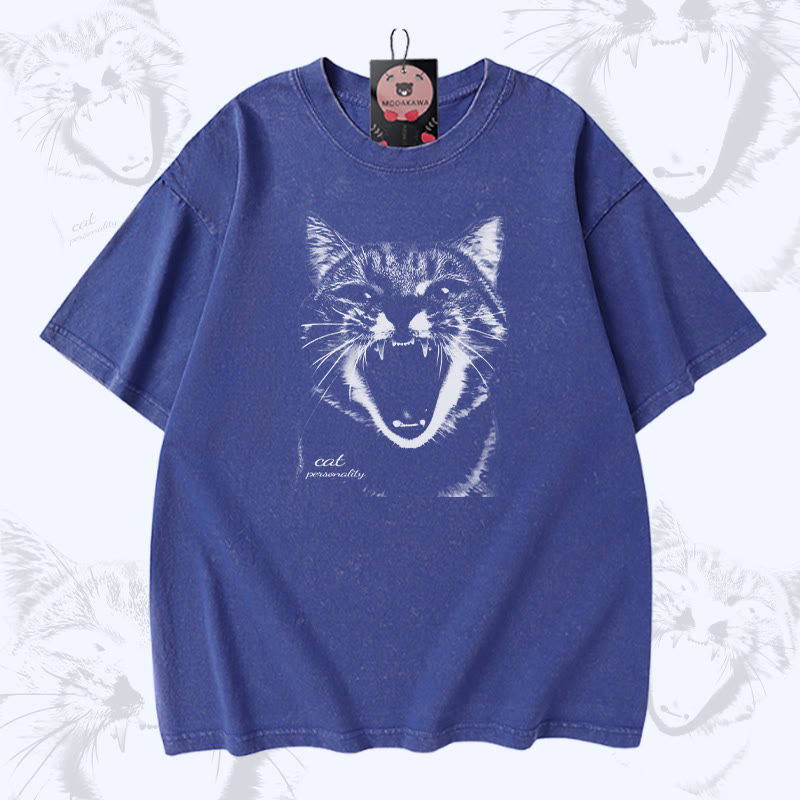 Screaming Cat Graphic Modakawa Unisex Vintage Washed T-shirt - Blue - 5XL - image 2