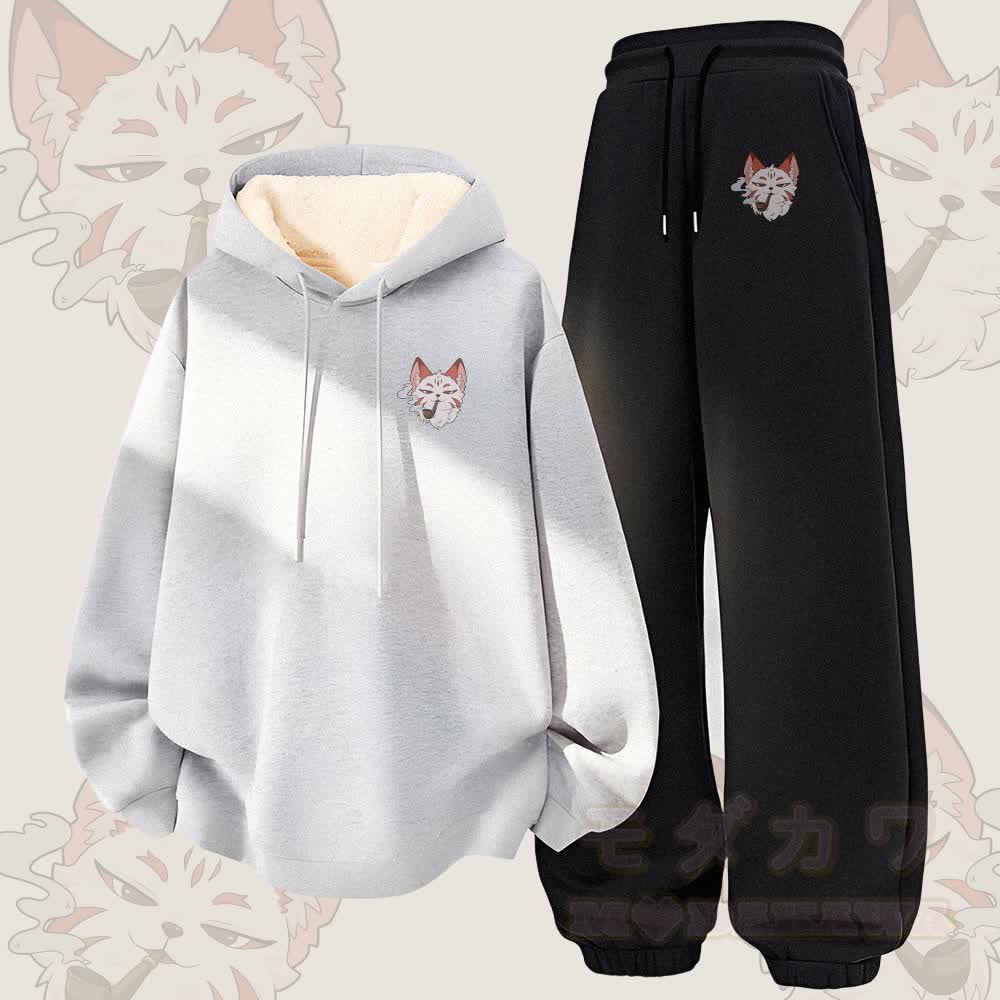 MODAKAWA Smoking Cat Graphic Thick Fleece Lined Hoodie Pants Two Pieces Set - Grey&Black - 5XL - image 3