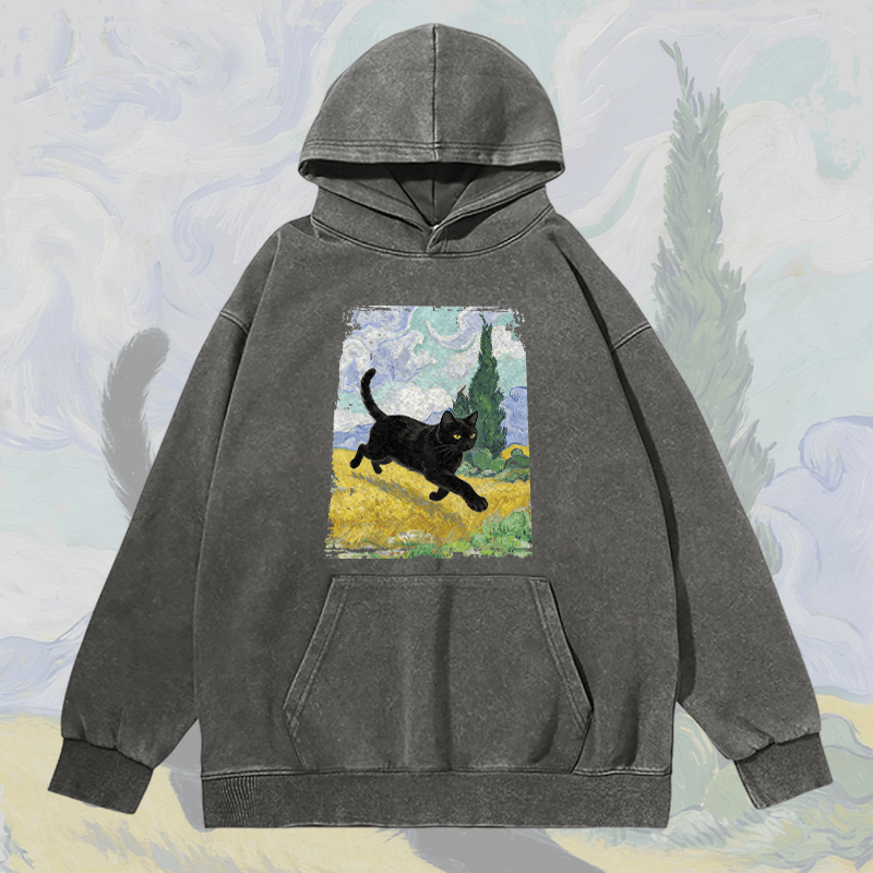 MODAKAWA Unisex Vintage Washed Hoodie Walking Black Cat Graphic Pullover - Grey - 2XL - image 2