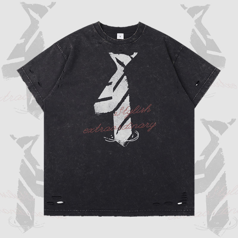 Tie Letter Graphic Modakawa Ripped T-shirt - Black - 2XL - image 4