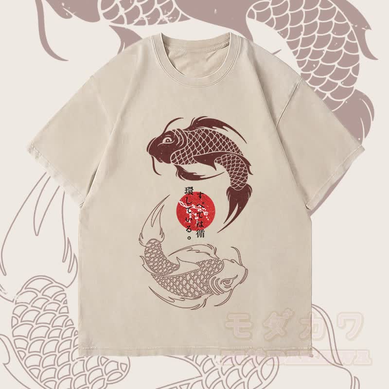 MODAKAWA Dual Koi Graphic Unisex Vintage Washed T-Shirt - Beige - 4XL - image 3