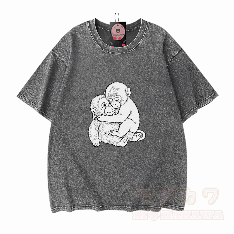 Monkey Hug Graphic Modakawa Vintage Washed 100% Cotton T-shirt - Grey - 5XL - image 9