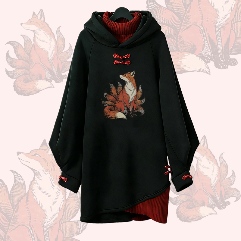 Nine-Tailed Sitting Fox Graphic Modakawa Buckle Vintage Hooded Sweatshirt Dress - Red - 3XL - image 2