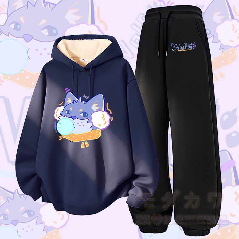 MODAKAWA Bubble Wolf Graphic Thick Fleece Lined Hoodie Pants Two Pieces Set - Purplish Blue&Black - 5XL - image 3