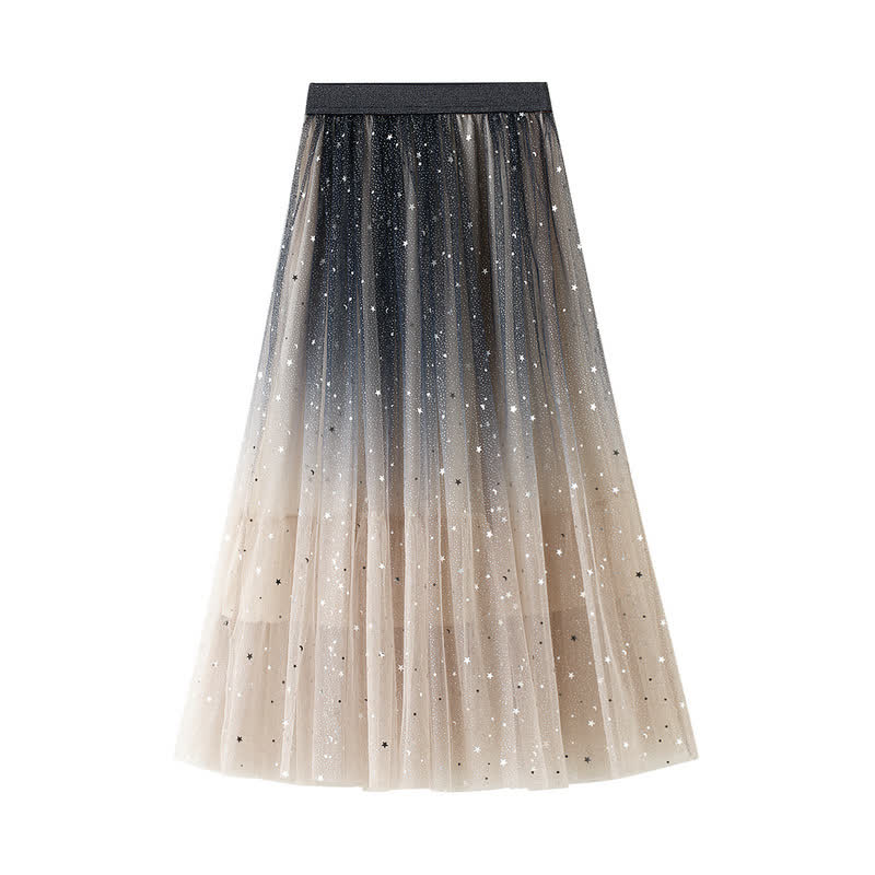 Gradient Star Sequin Tulle Skirt Elastic High Waist Three Layer Long Skirt  - Apricot - One Size - image 4