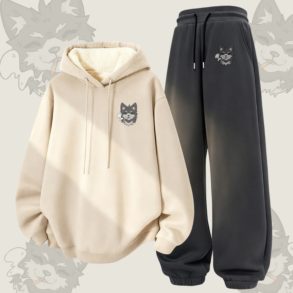 MODAKAWA Koda Smoking Graphic Thick Fleece Lined Hoodie Pants Two Pieces Set - Apricot&Dark Grey - 5XL - image 2