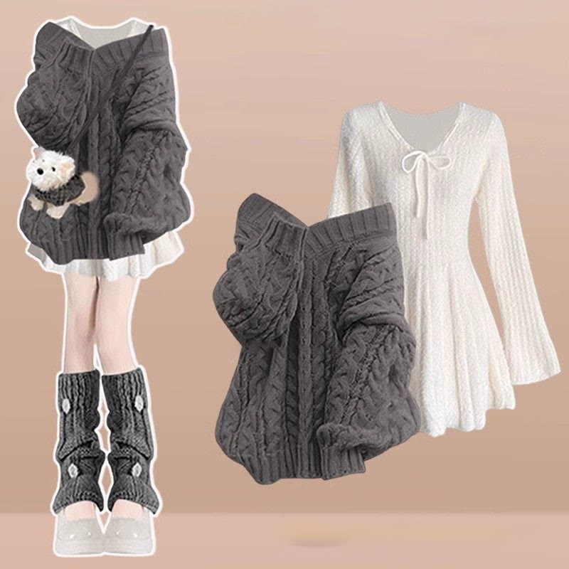 Sweet V-Neck Knit Sweater and Dress Two Pieces Set - Grey Top+White Dress - 4XL - image 3