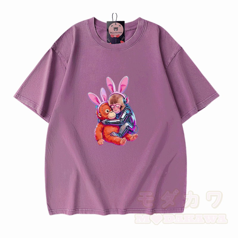Hugging Cyber Monkey Graphic Modakawa Vintage Washed 100% Cotton T-shirt - Purple - 5XL - image 6