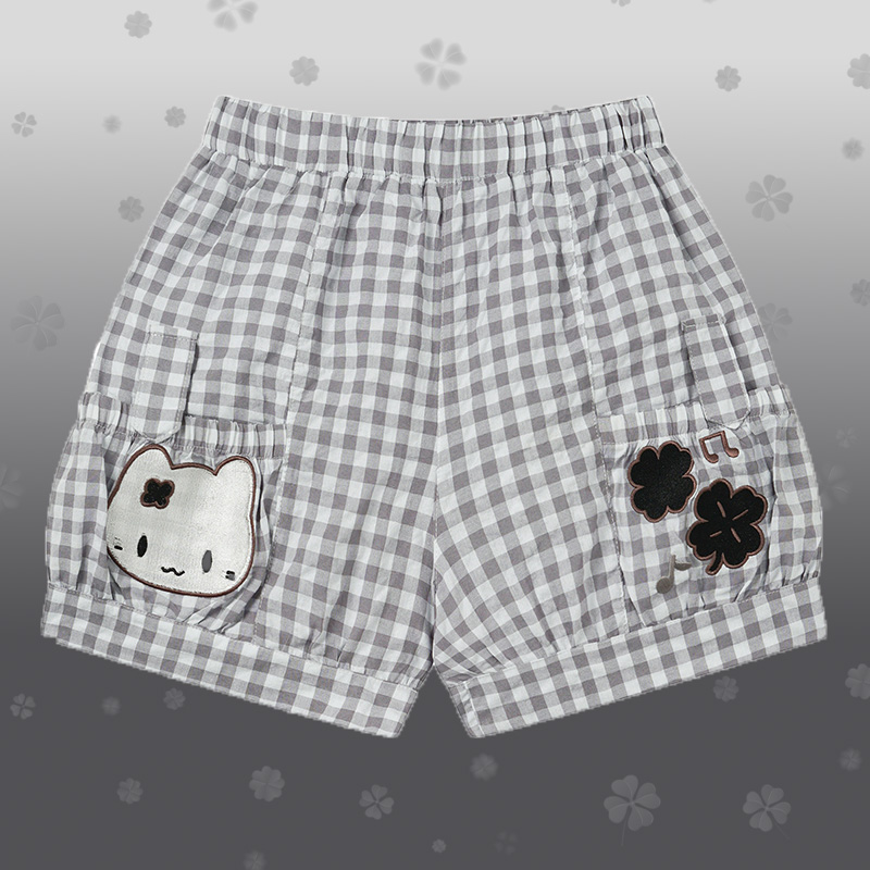 Polka Dot Cat Graphic One Shoulder T-shirt Kitty Gingham Shorts Modakawa Matching Outfit - Grey Shorts - L - image 5