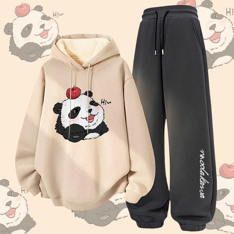 MODAKAWA Panda with Apple Graphic Thick Fleece Lined Hoodie Pants Two Pieces Set - Apricot&Dark Grey - 5XL - image 3