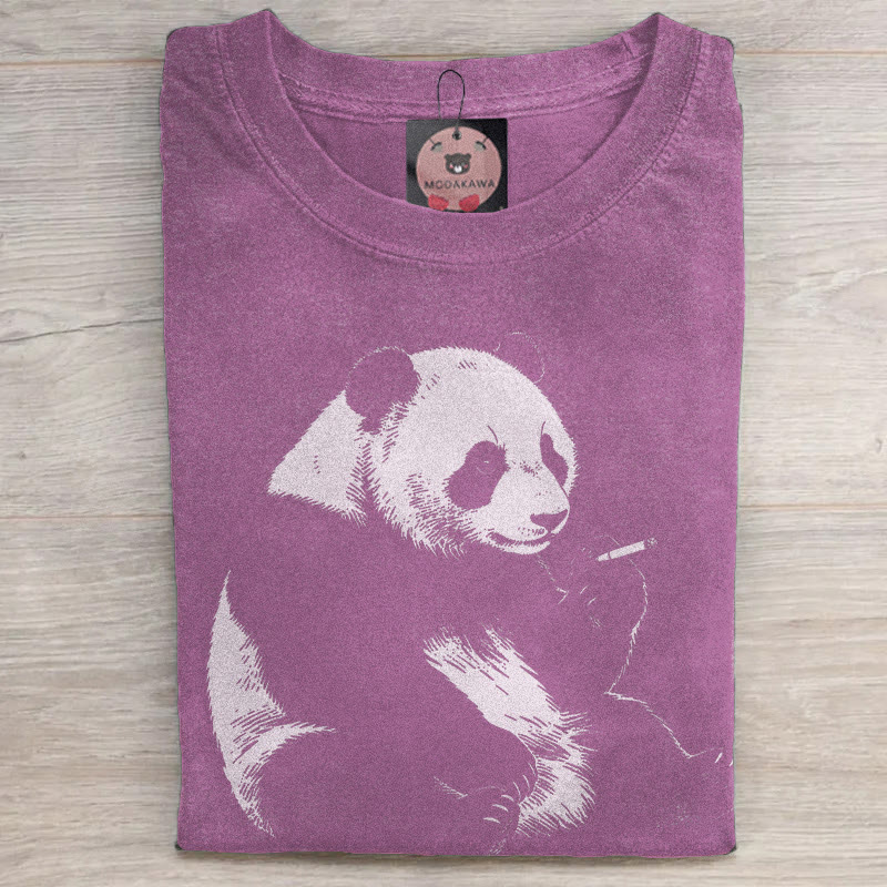 MODAKAWA Smoking Panda Graphic Unisex Vintage Washed T-shirt - Purple - 5XL - image 3