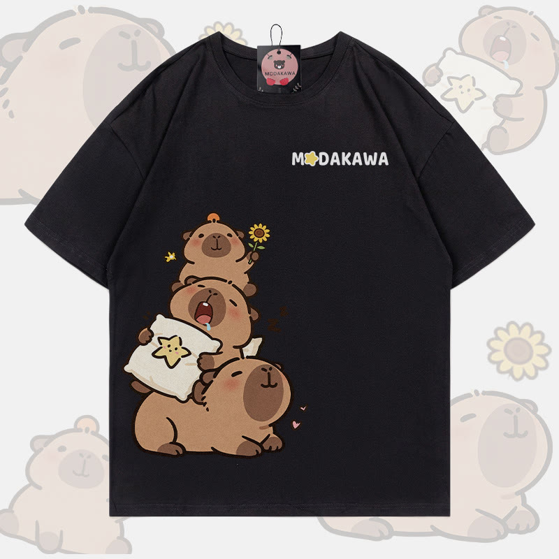 Funny Capybara Graphic 100% Cotton Modakawa T-shirt - Black - 5XL - image 3
