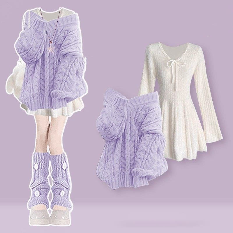Sweet V-Neck Knit Sweater and Dress Two Pieces Set - Purple Top+White Dress - 4XL - image 7