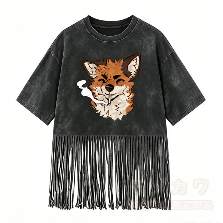 MODAKAWA X atka Smoking Fox Graphic Washed Fringe T-Shirt - Black - 5XL - image 8