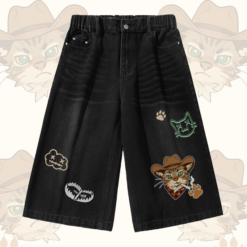 Cat Graphic Modakawa Vintage Washed T-shirt Denim Shorts Matching Outfit - Black Shorts - 3XL - image 3