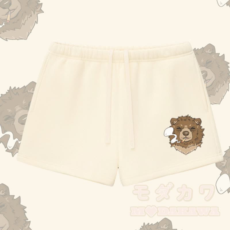 MODAKAWA Smoking Bear Graphic Thick Fleece Lined Shorts - Apricot - L - image 3