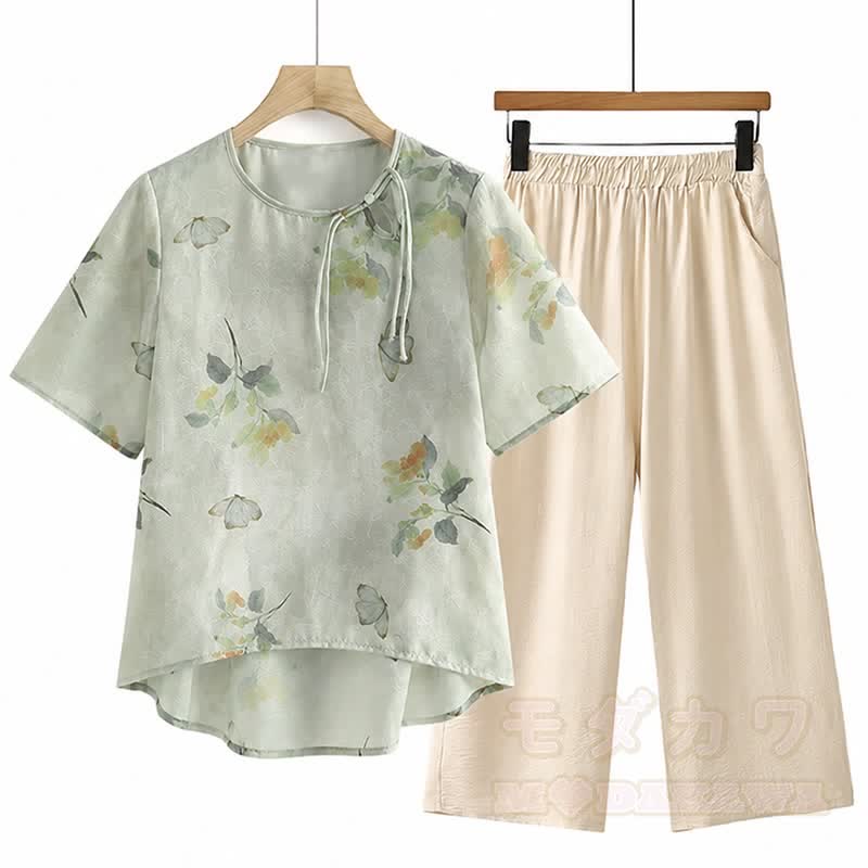 Vintage Floral Butterfly Buckle Top Cropped Wide Leg Pants Two Pieces Set - Green - 5XL - image 3