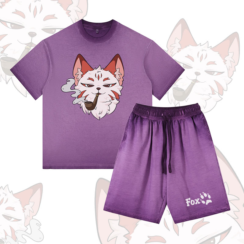 Smoking Fox Graphic Vintage Washed T-shirt FOX Letter Graphic Shorts Modakawa Gradient Two Pieces Set - Purple - 5XL - image 4