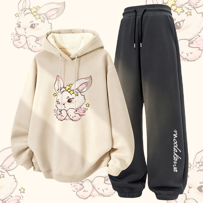 MODAKAWA Star Bunny Graphic Thick Fleece Lined Hoodie Pants Two Pieces Set - Apricot&Dark Grey - 5XL - image 3