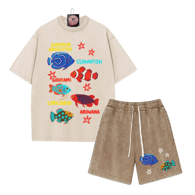Fish Star Print T-shirt Vintage Washed Shorts Two Pieces Set - Beige&Brown - 3XL - image 3