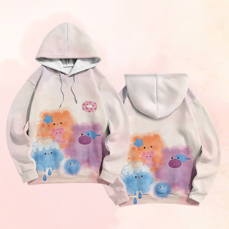 Fuzzy Colorful Monster Graphic Modakawa Color Block Pullover Hoodie - Pink - 6XL - image 4