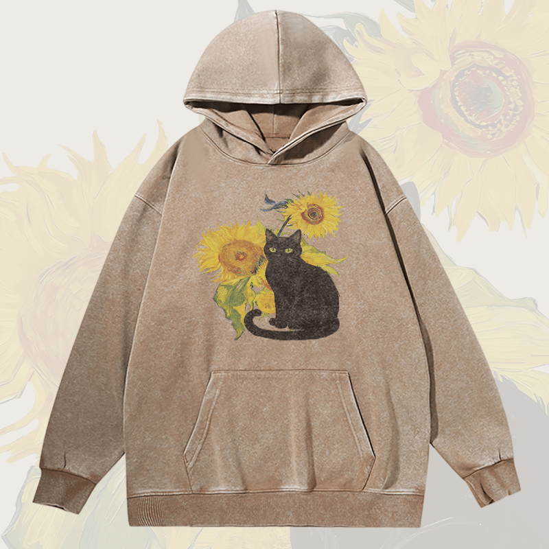 MODAKAWA Unisex Vintage Washed Hoodie Black Cat and Sunflowers Graphic Pullover - Khaki - 2XL - image 2