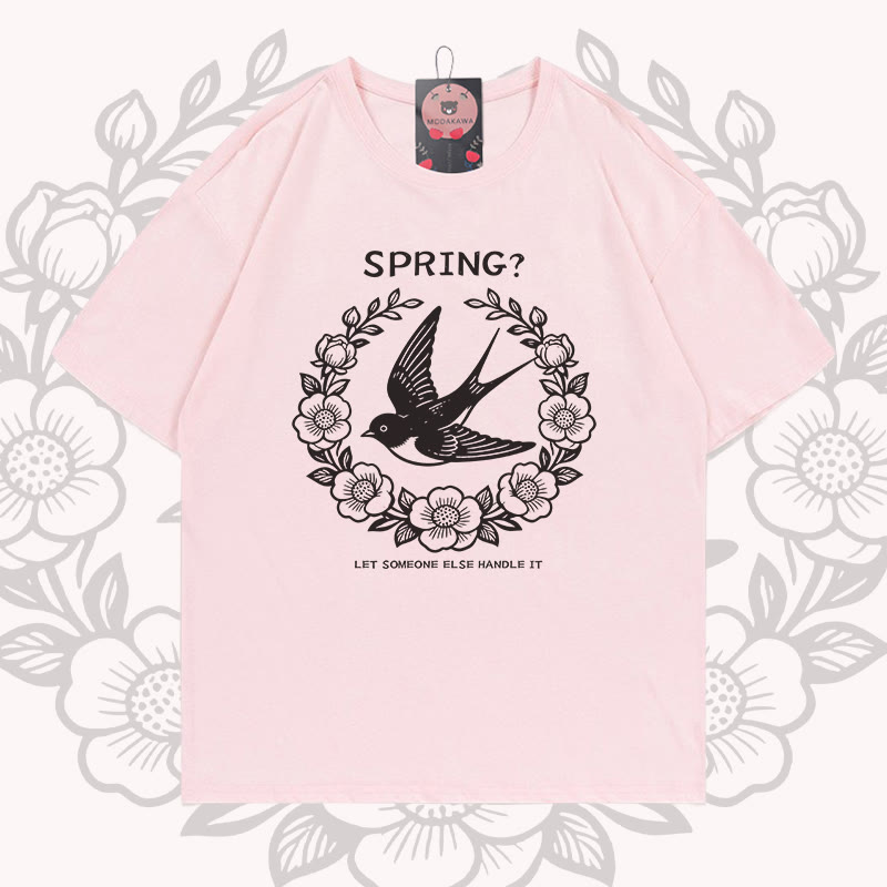 SPRING Swallow Wreath Graphic Modakawa 100% Cotton T-shirt - Light Pink - 5XL - image 4