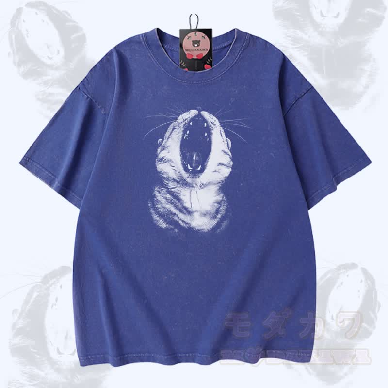 Cat Mouth Graphic Modakawa Vintage Washed 100% Cotton T-shirt - Blue - 5XL - image 4