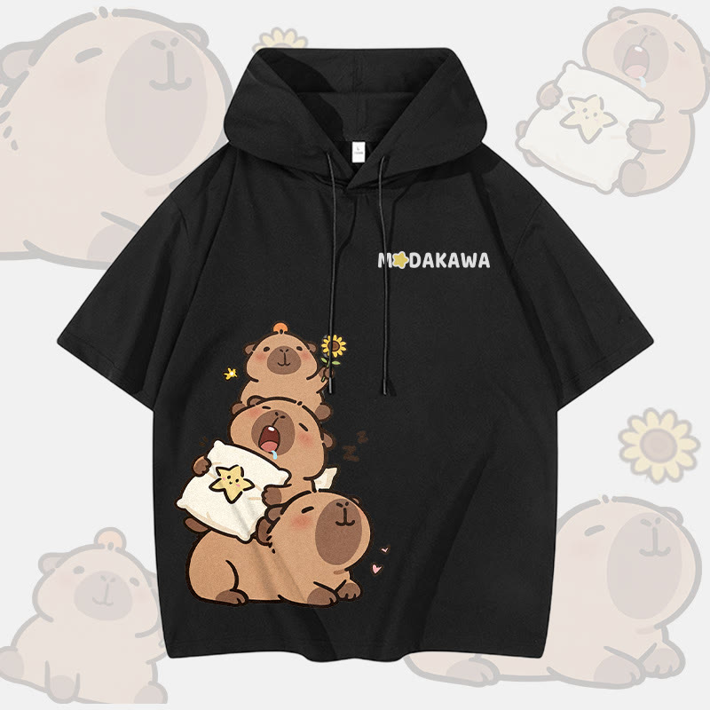 Capybara Stack Graphic Modakawa Short Sleeve Hoodie - Black - 3XL - image 3