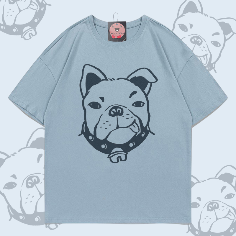 Bulldog Face Graphic Modakawa 100% Cotton T-shirt - Light Blue - 5XL - image 3