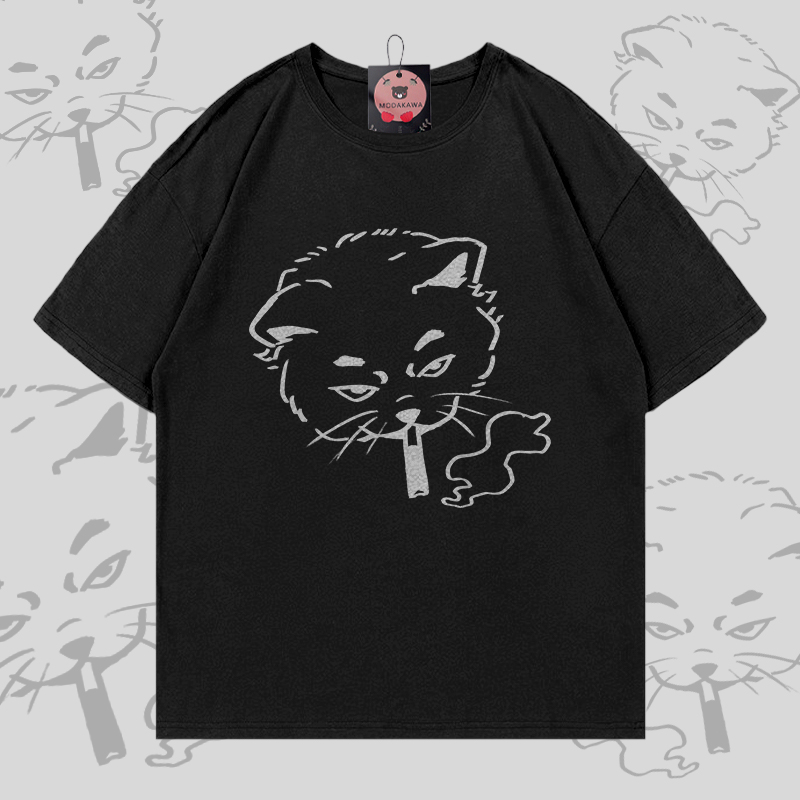 Smoking Cat Graphic Modakawa 100% Cotton T-shirt - Black - 5XL - image 3
