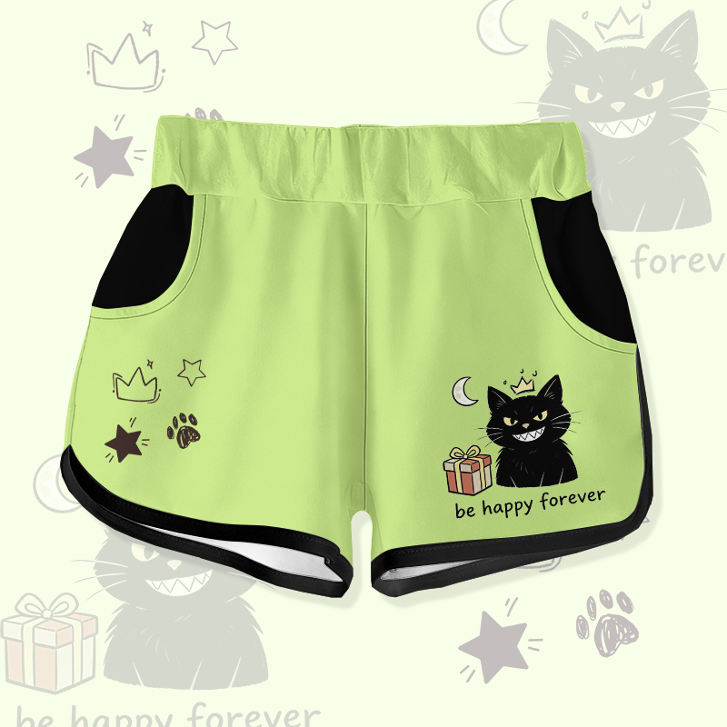 BE HAPPY FOREVER Black Cat Gift Graphic Modakawa Shorts - Green - 5XL - image 3