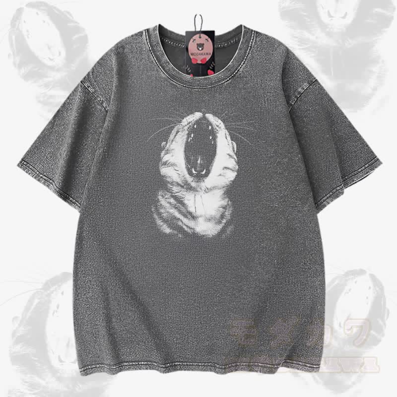 Cat Mouth Graphic Modakawa Vintage Washed 100% Cotton T-shirt - Grey - 5XL - image 3