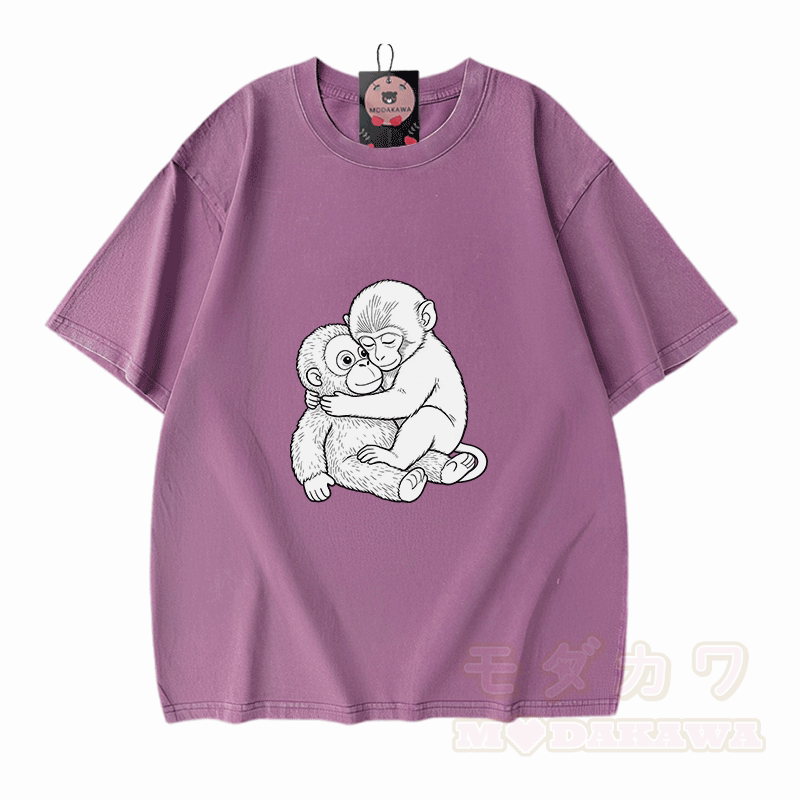 Monkey Hug Graphic Modakawa Vintage Washed 100% Cotton T-shirt - Purple - 5XL - image 6