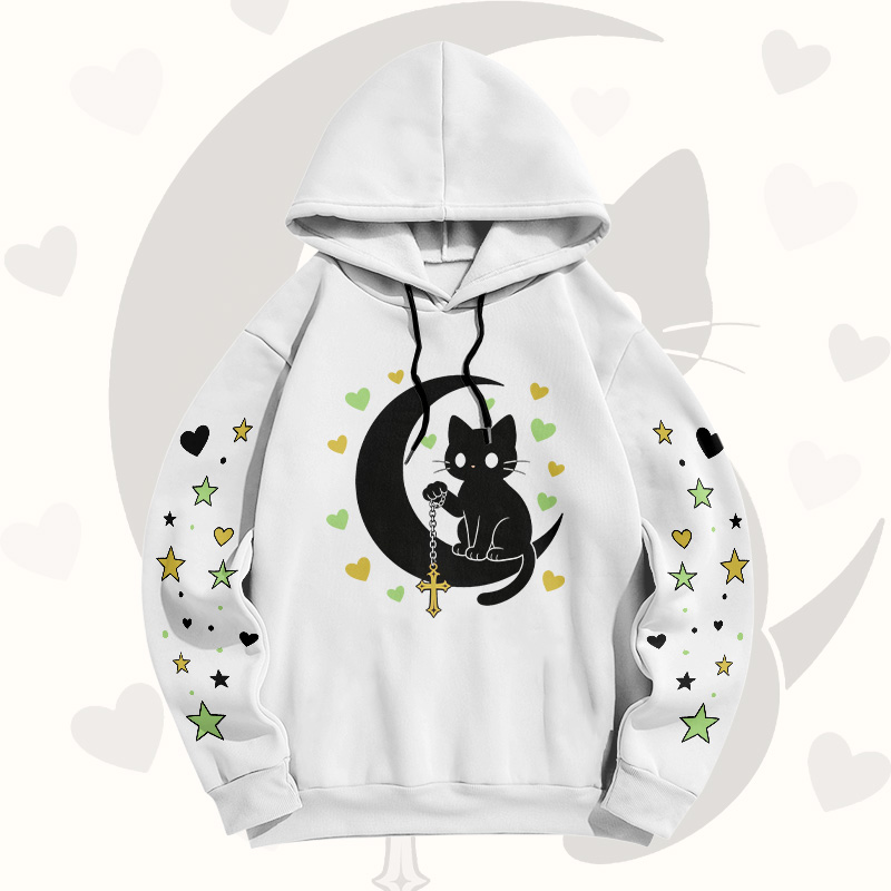 Gradient Black Cat Moon Graphic Modakawa Pullover Hoodie - White B - 6XL - image 10