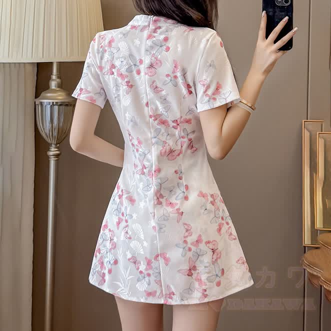 Vintage Butterfly Buckle Cheongsam Dress Shorts Two Pieces Set - image 5