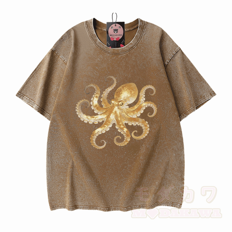 Octopus Graphic Modakawa Vintage Washed 100% Cotton T-shirt - Brown - 5XL - image 7
