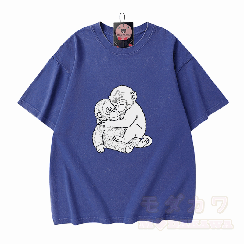 Monkey Hug Graphic Modakawa Vintage Washed 100% Cotton T-shirt - Blue - 5XL - image 4