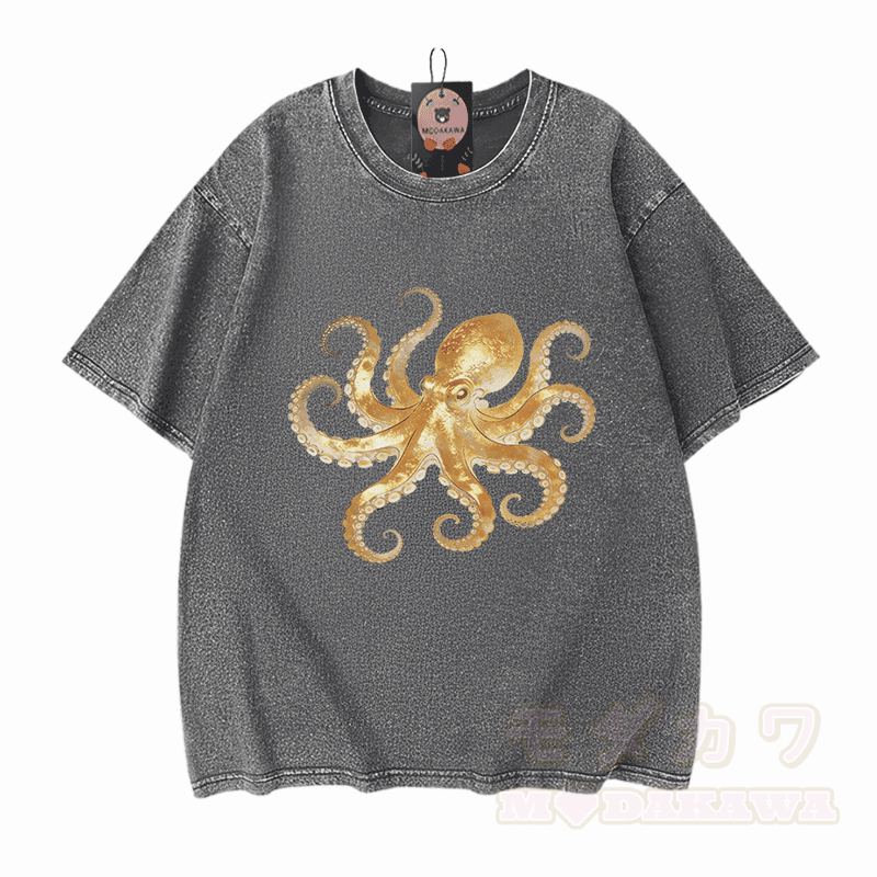 Octopus Graphic Modakawa Vintage Washed 100% Cotton T-shirt - Grey - 5XL - image 9