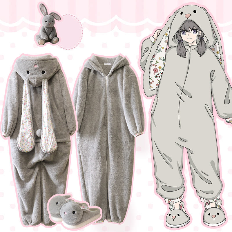 Cartoon Bunny Plush Onesie Pajamas - Grey Onesie+Slippers - 6XL - image 11