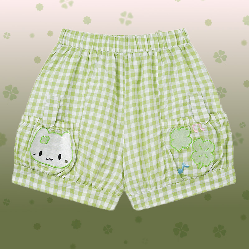 Polka Dot Cat Graphic One Shoulder T-shirt Kitty Gingham Shorts Modakawa Matching Outfit - Green Shorts - L - image 7