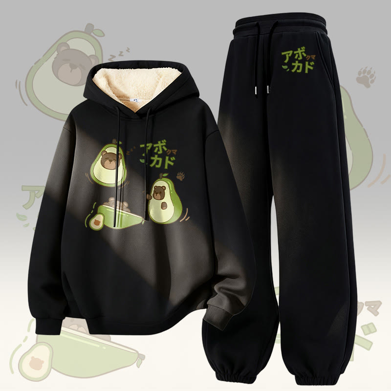 MODAKAWA Avocado Bear Graphic Thick Fleece Lined Hoodie Pants Two Pieces Set - Black - 5XL - image 3